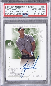 2001 SP Golf "Authentic Stars" Autograph #45 Tiger Woods Signed Card (#606/900) - PSA GEM MT 10, PSA/DNA 10